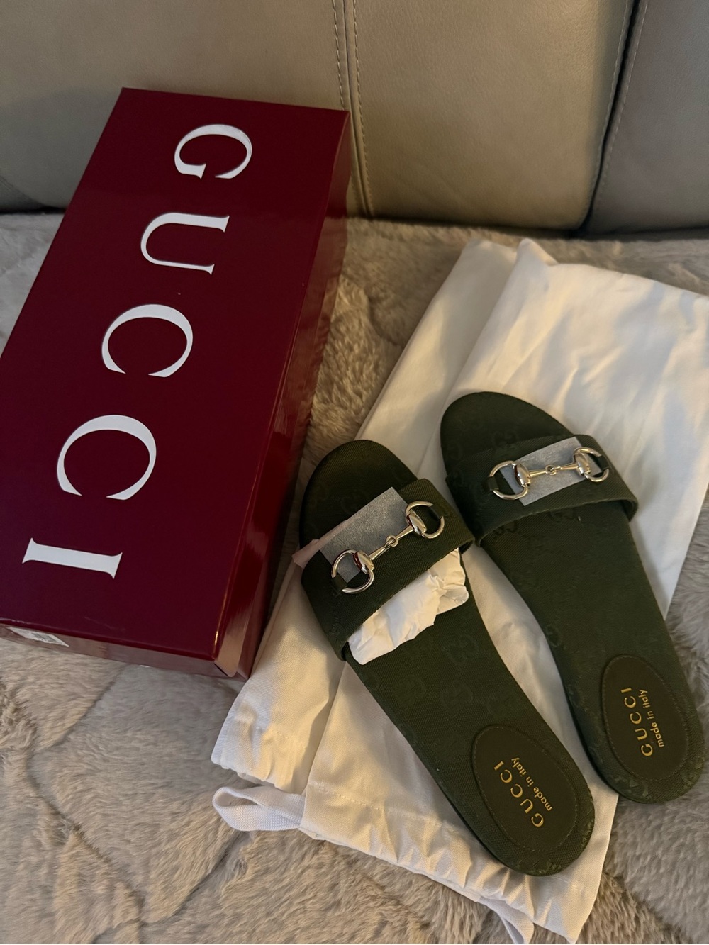 Gucci Olive Green Horsebit Slide Sandals